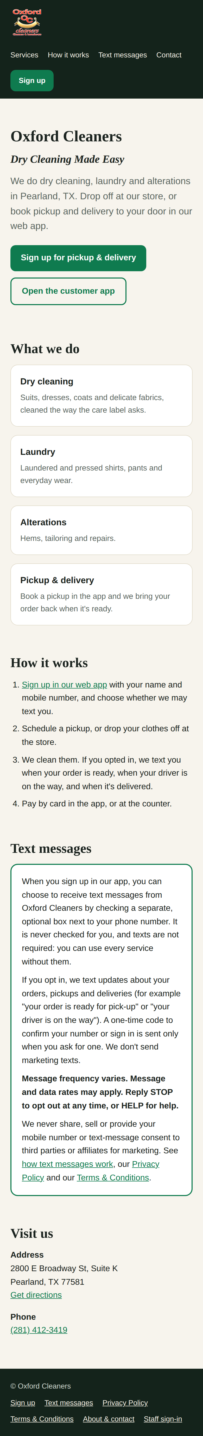 Our public home page, with a Sign up button and the text-message terms