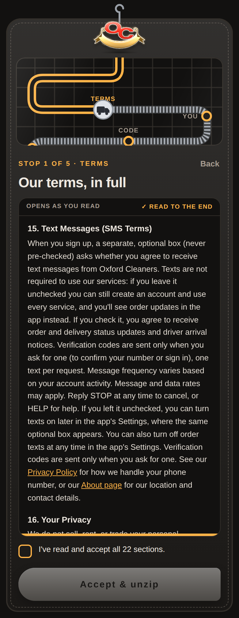 The sign-up form's Terms step, showing the terms and the unchecked accept box