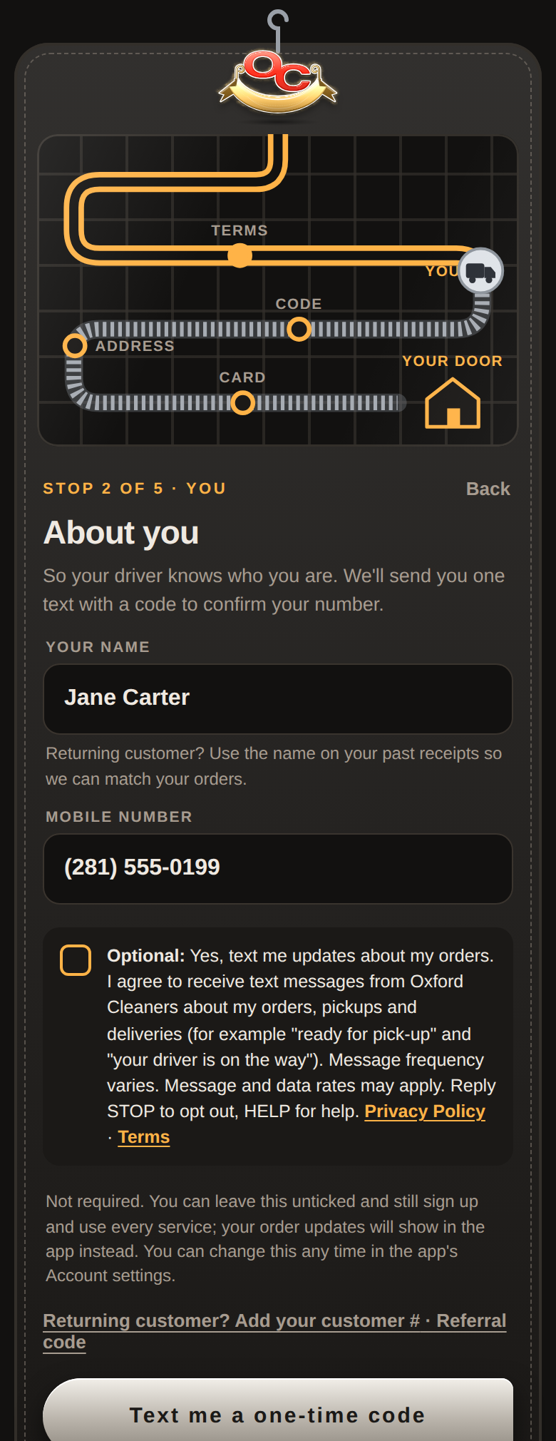 The About you step: name, mobile number and the unchecked optional text-message box