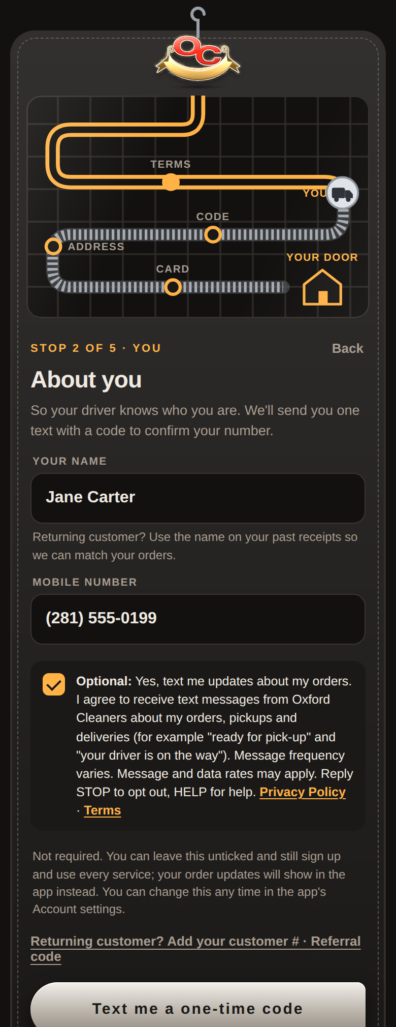 The same step with the optional box checked by the customer