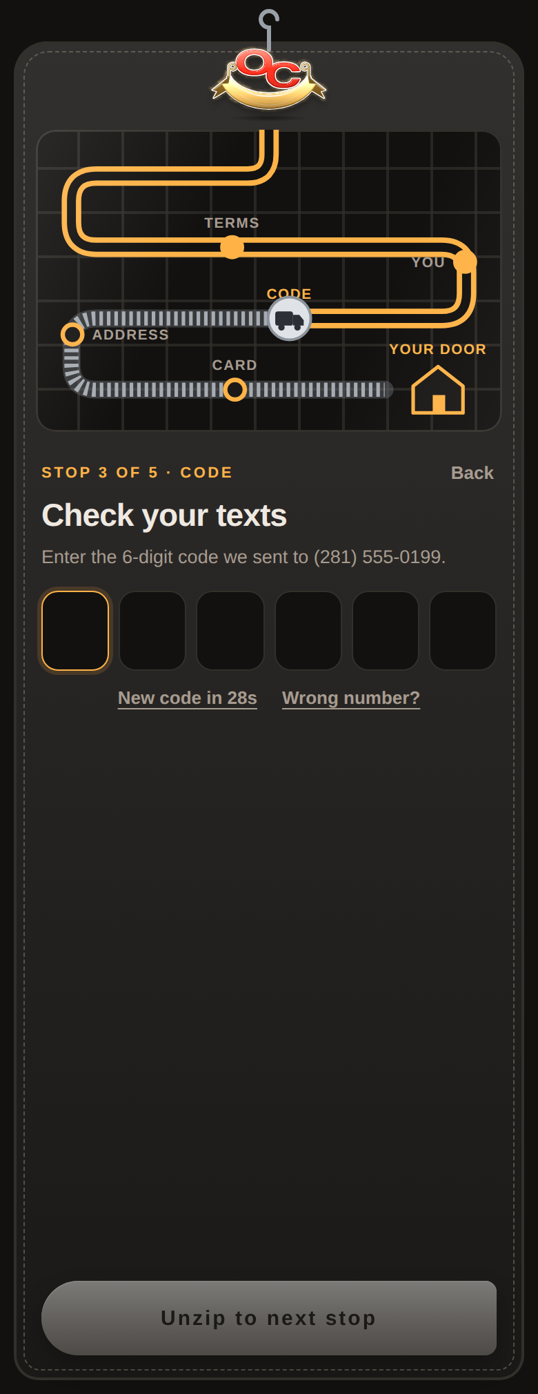 The verification code step after the one-time code is sent