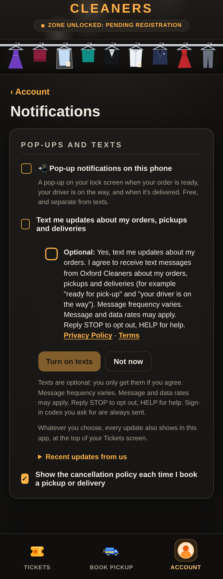 The app's Account settings: the text switch opens the same unchecked optional box, with Turn on texts greyed out until it's checked